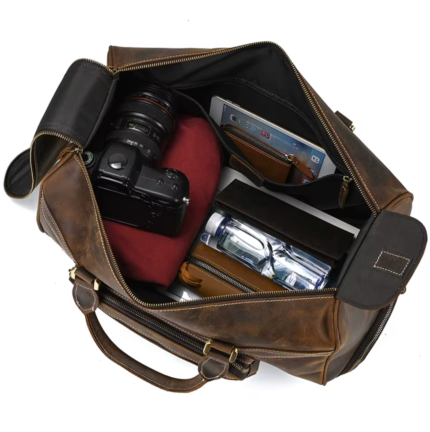 dark brown leather trolley airport duffle bag