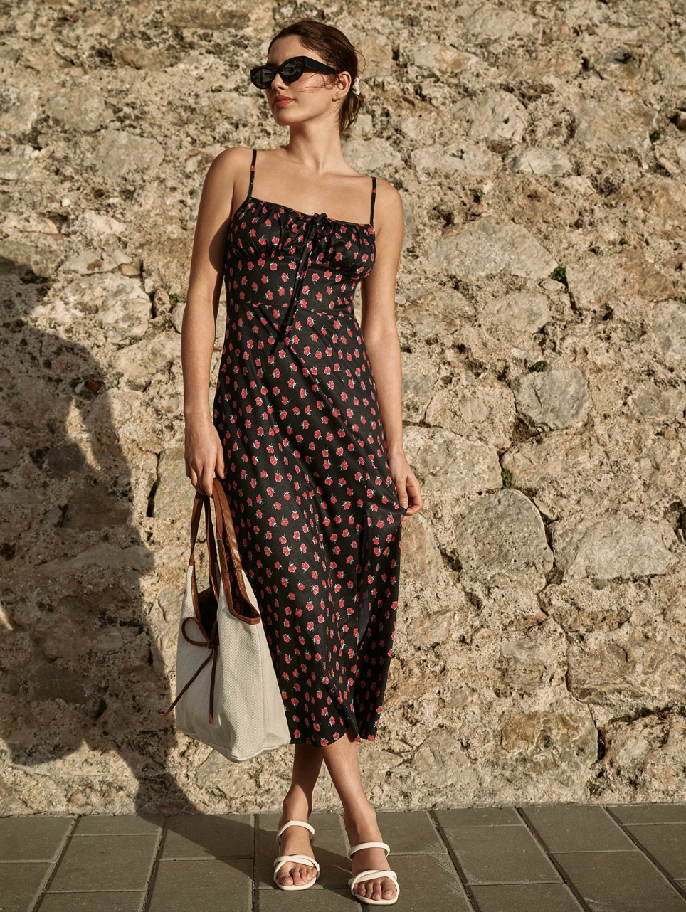 Women Floral Side Slit Hem Cami Dress