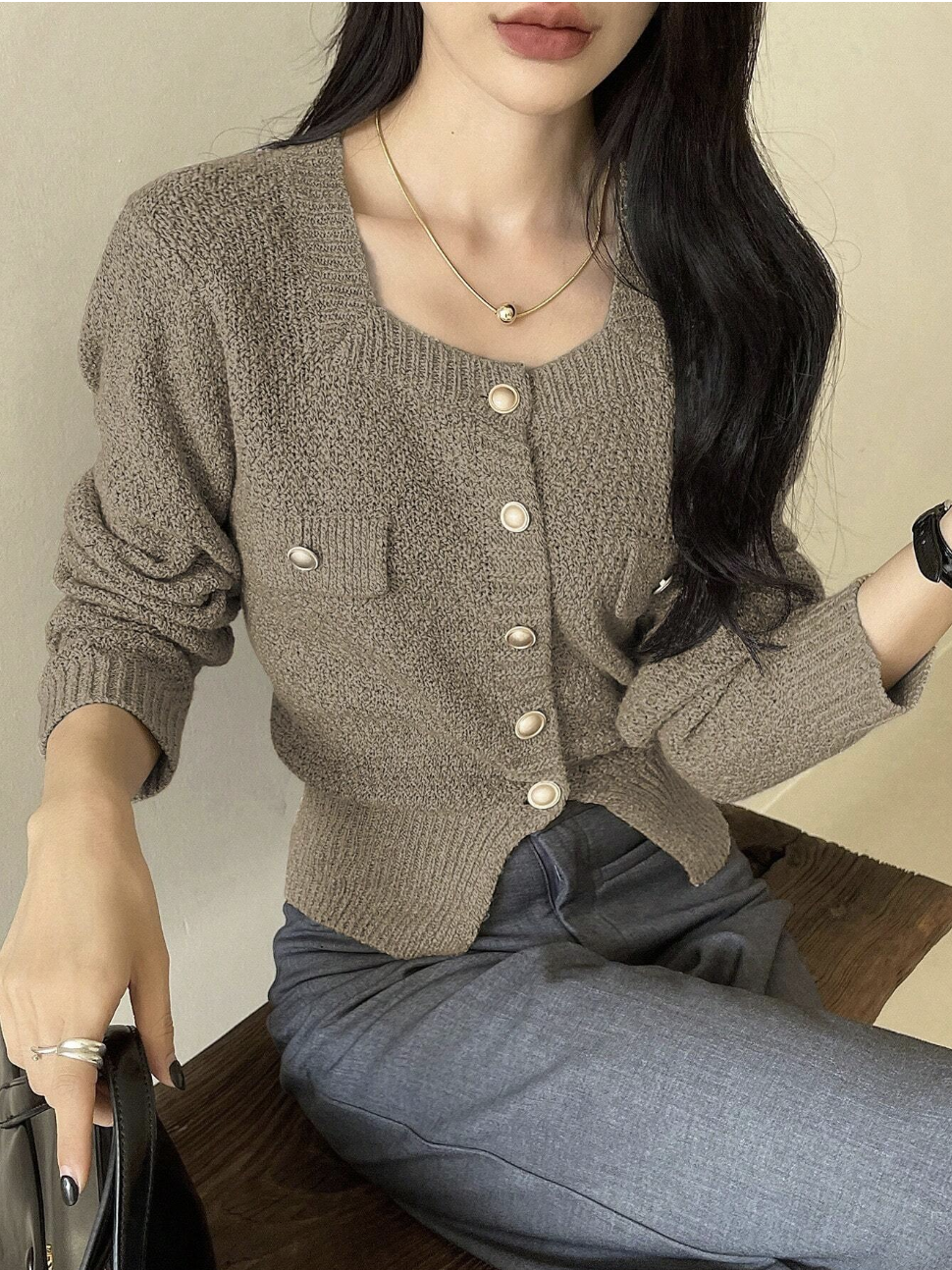 Women Grey Long Sleeve Cardigan With Buttons