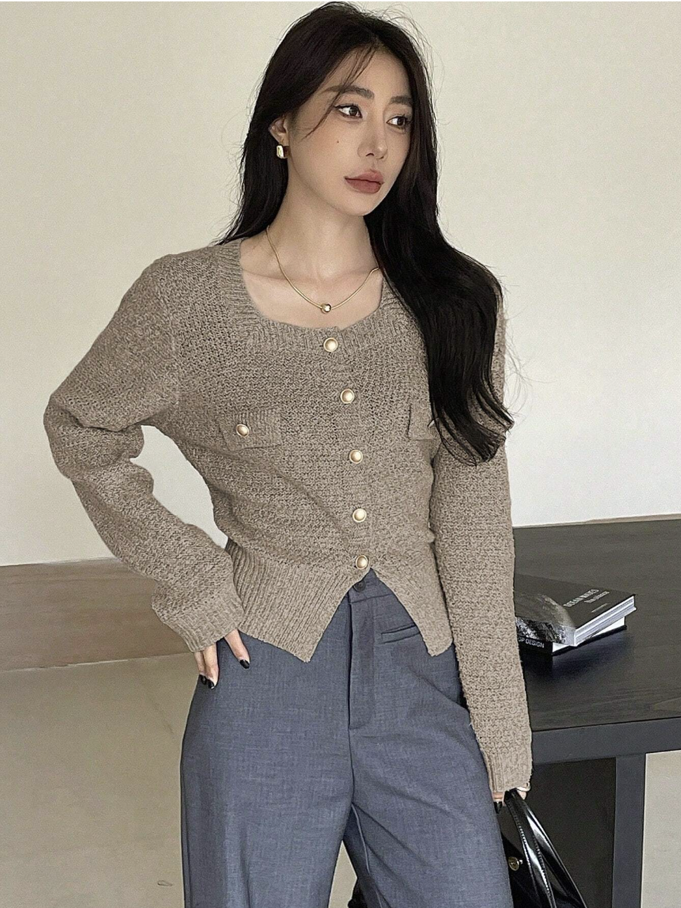 Women Grey Long Sleeve Cardigan With Buttons