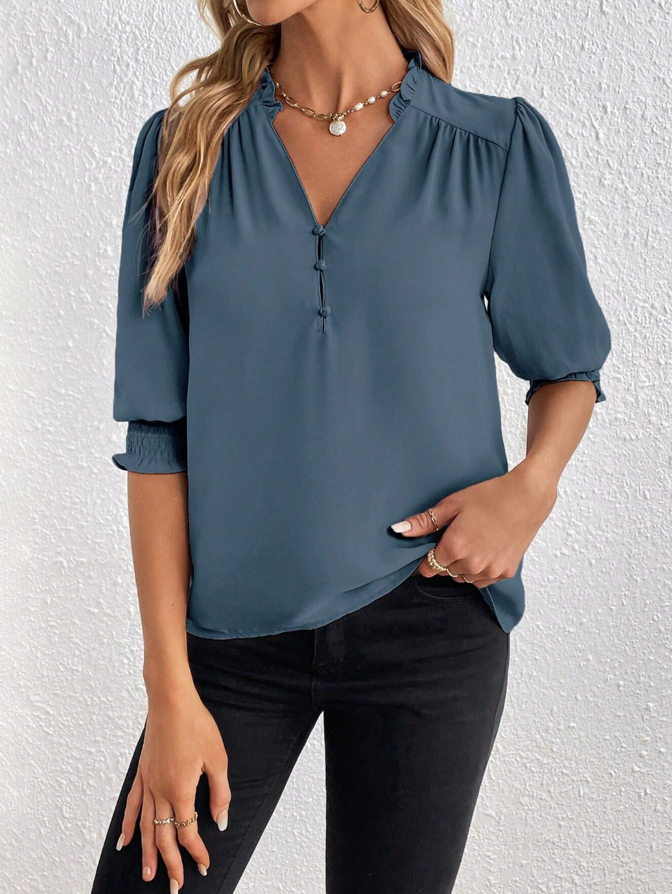 Smocked Cuff Puff Sleeve V-Neck Blouse