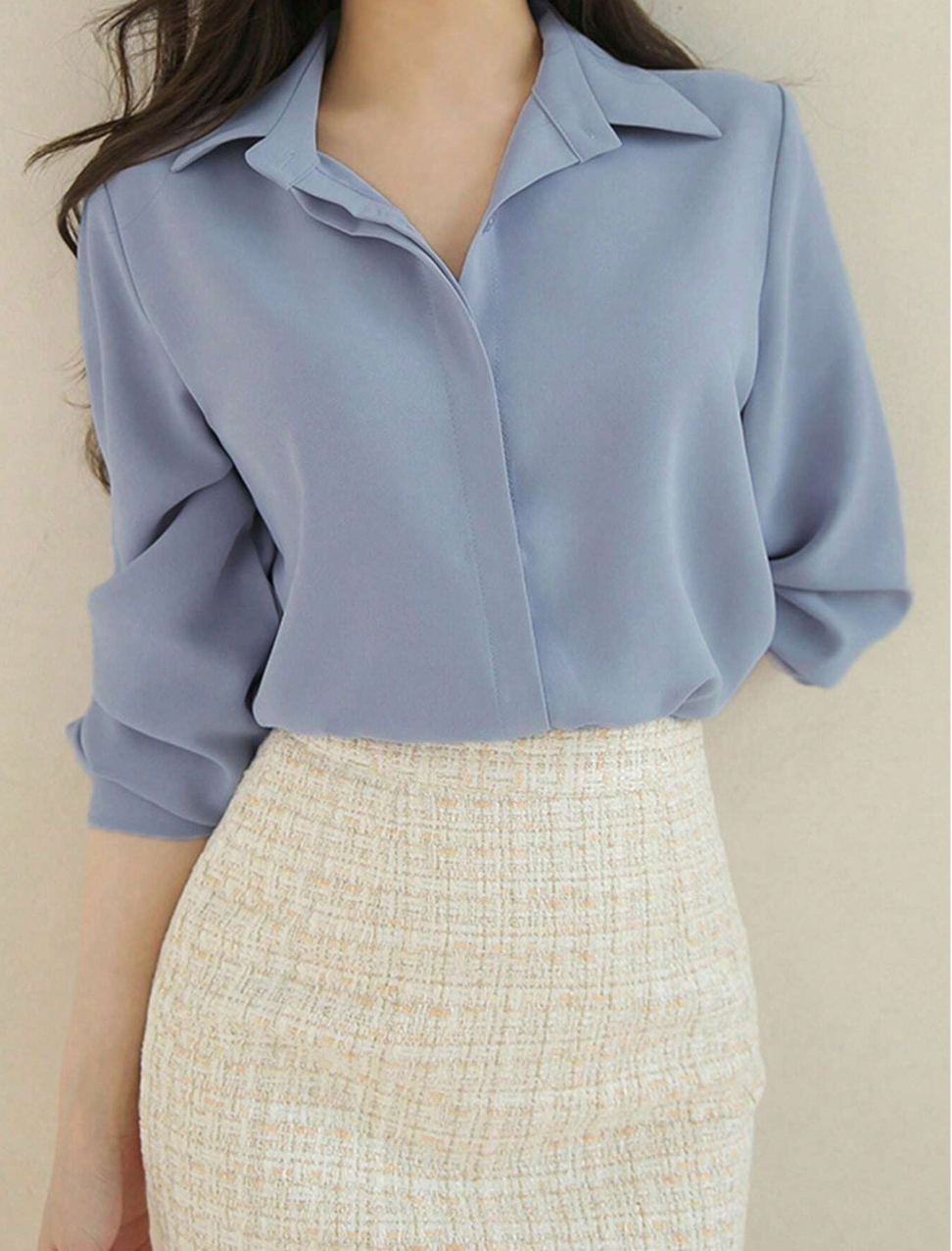 Soft Blue Button-Up Shirt Collared Blouse