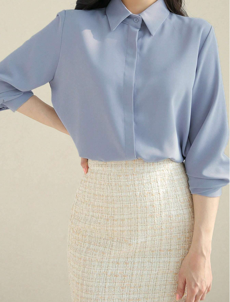 Soft Blue Button-Up Shirt Collared Blouse
