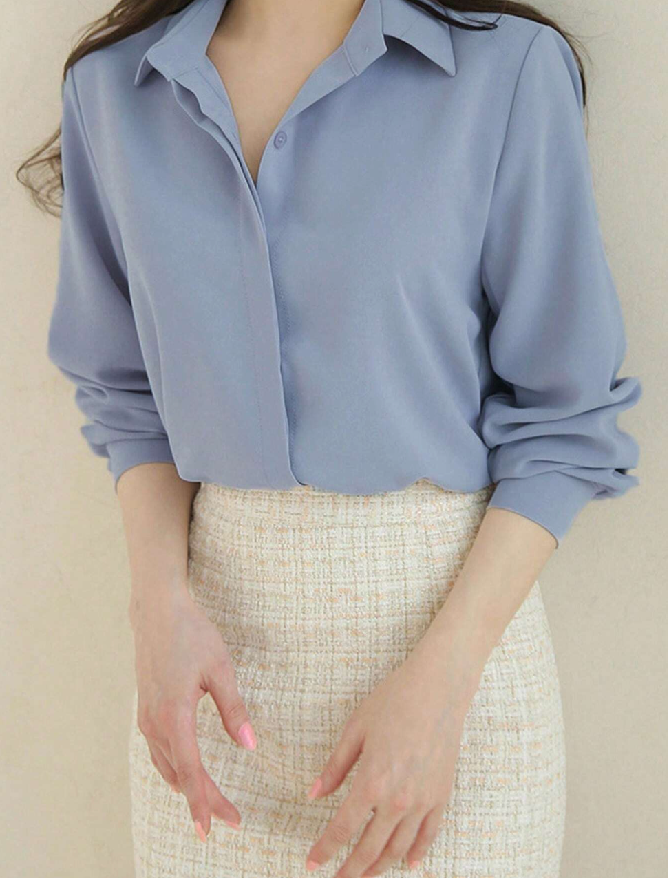 Soft Blue Button-Up Shirt Collared Blouse