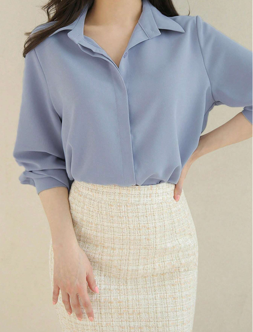 Soft Blue Button-Up Shirt Collared Blouse