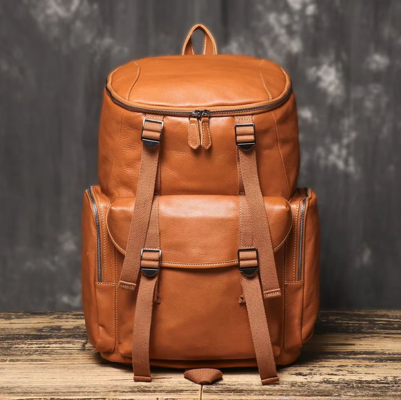 large leather backpack travel and hiking