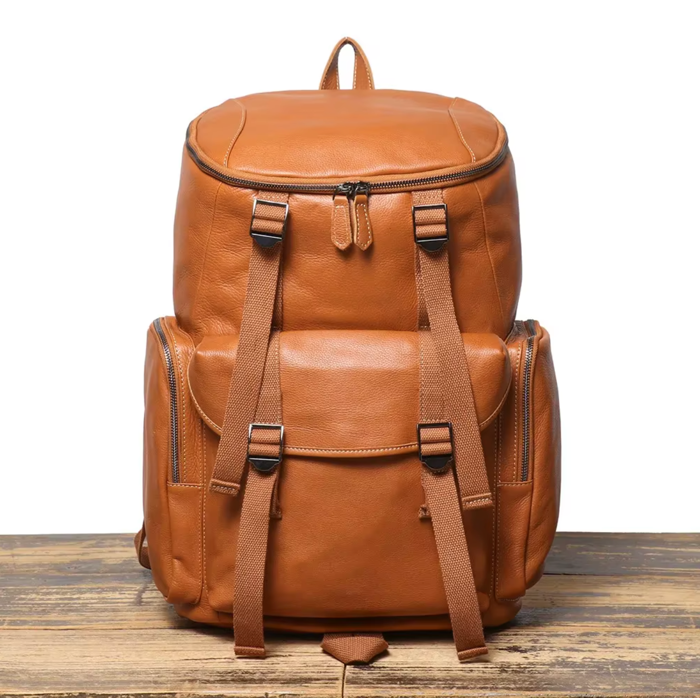 large leather backpack travel and hiking