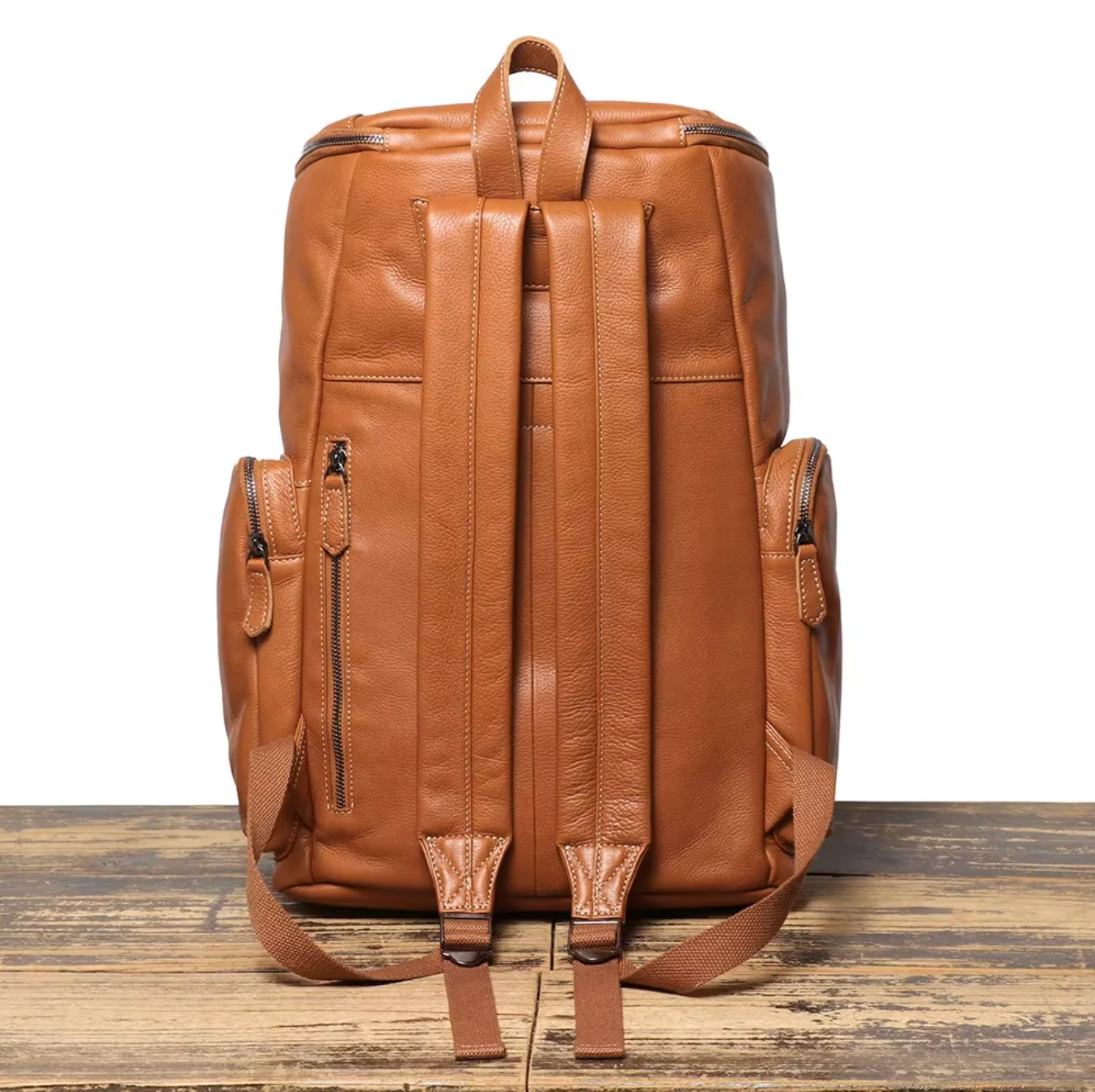 large leather backpack travel and hiking