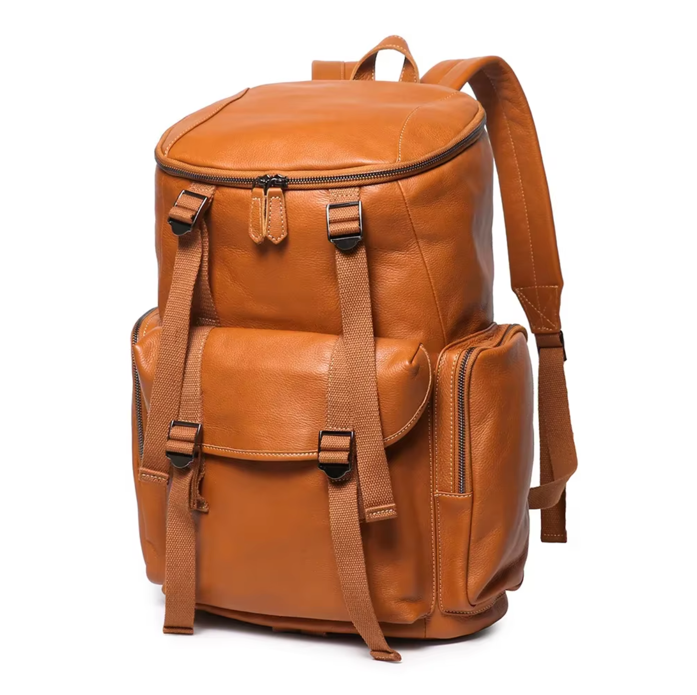 large leather backpack travel and hiking