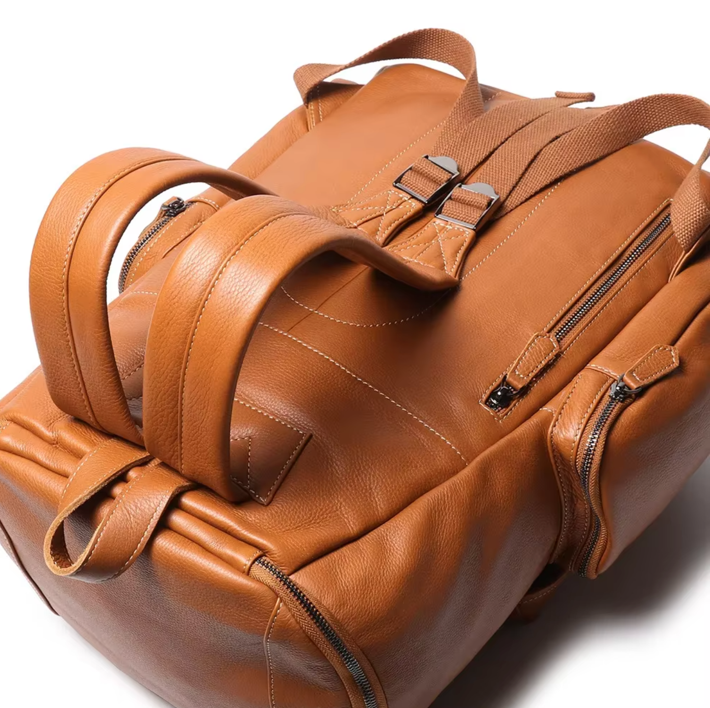 large leather backpack travel and hiking