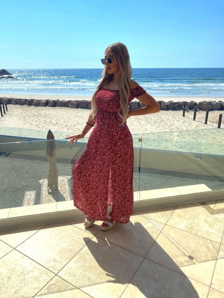 Off Shoulder Dress With Slit Hem