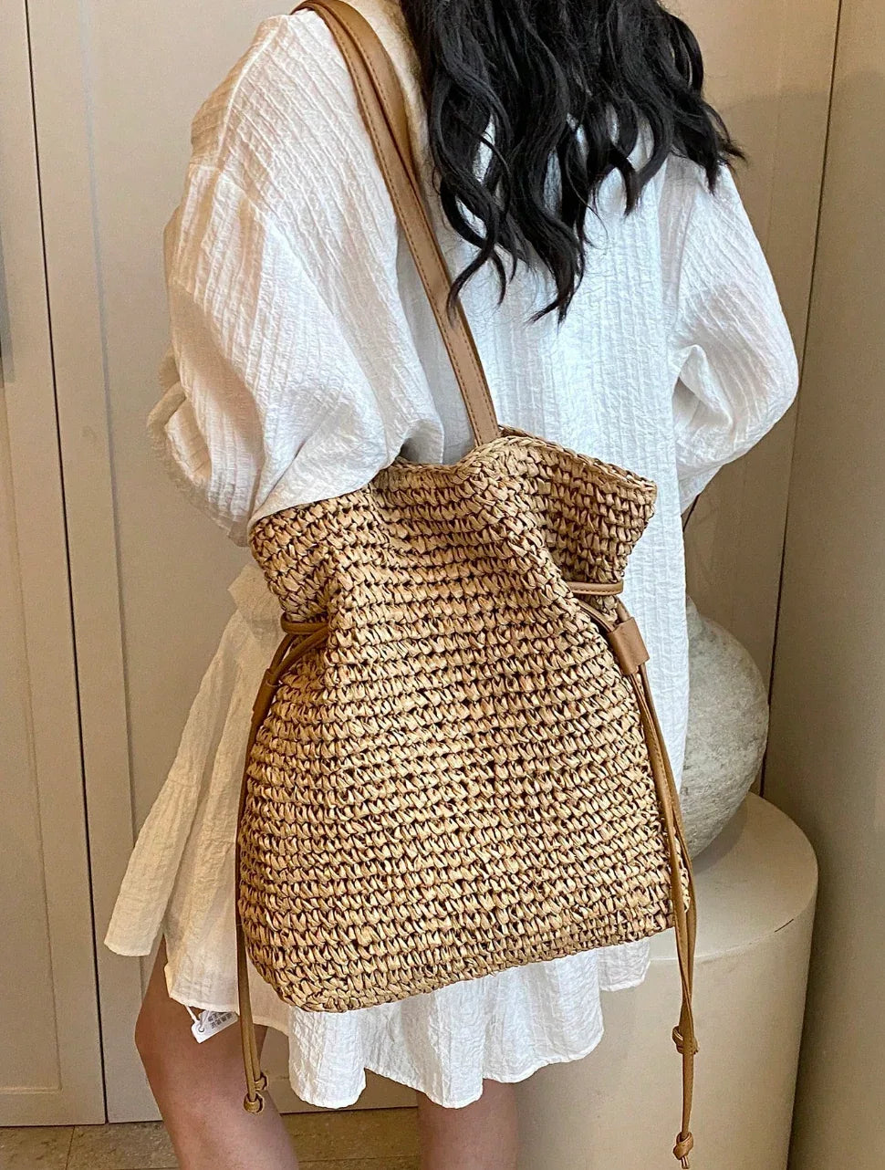Straw Bucket Bag with Leather Straps