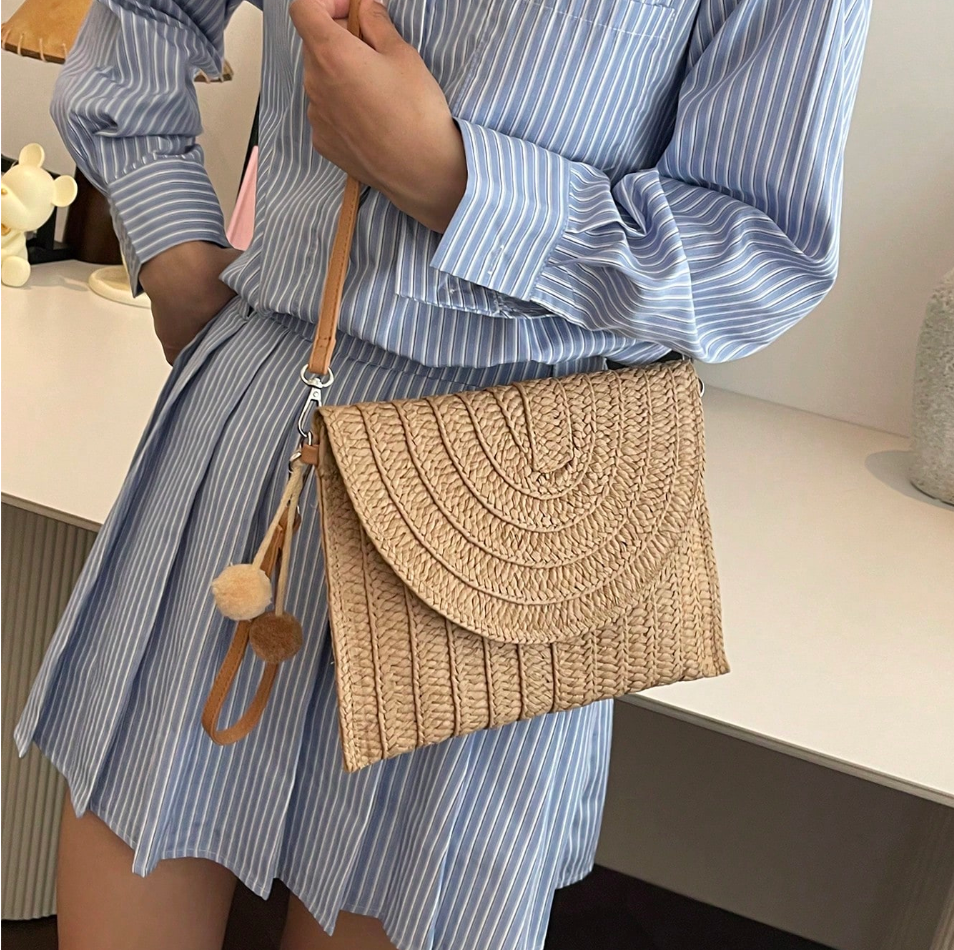 Woven straw bag with long strap crossbody