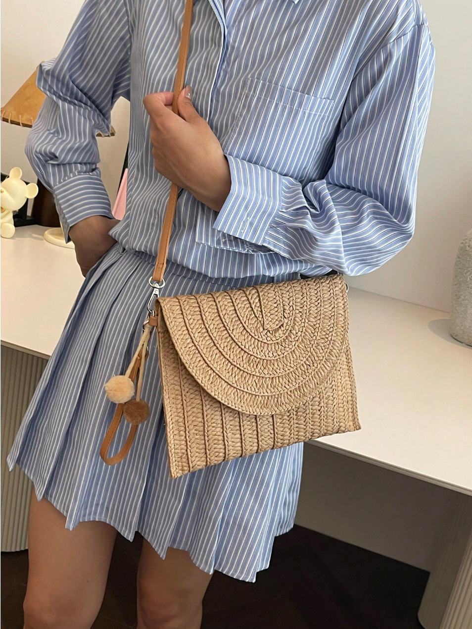 Woven straw bag with long strap crossbody
