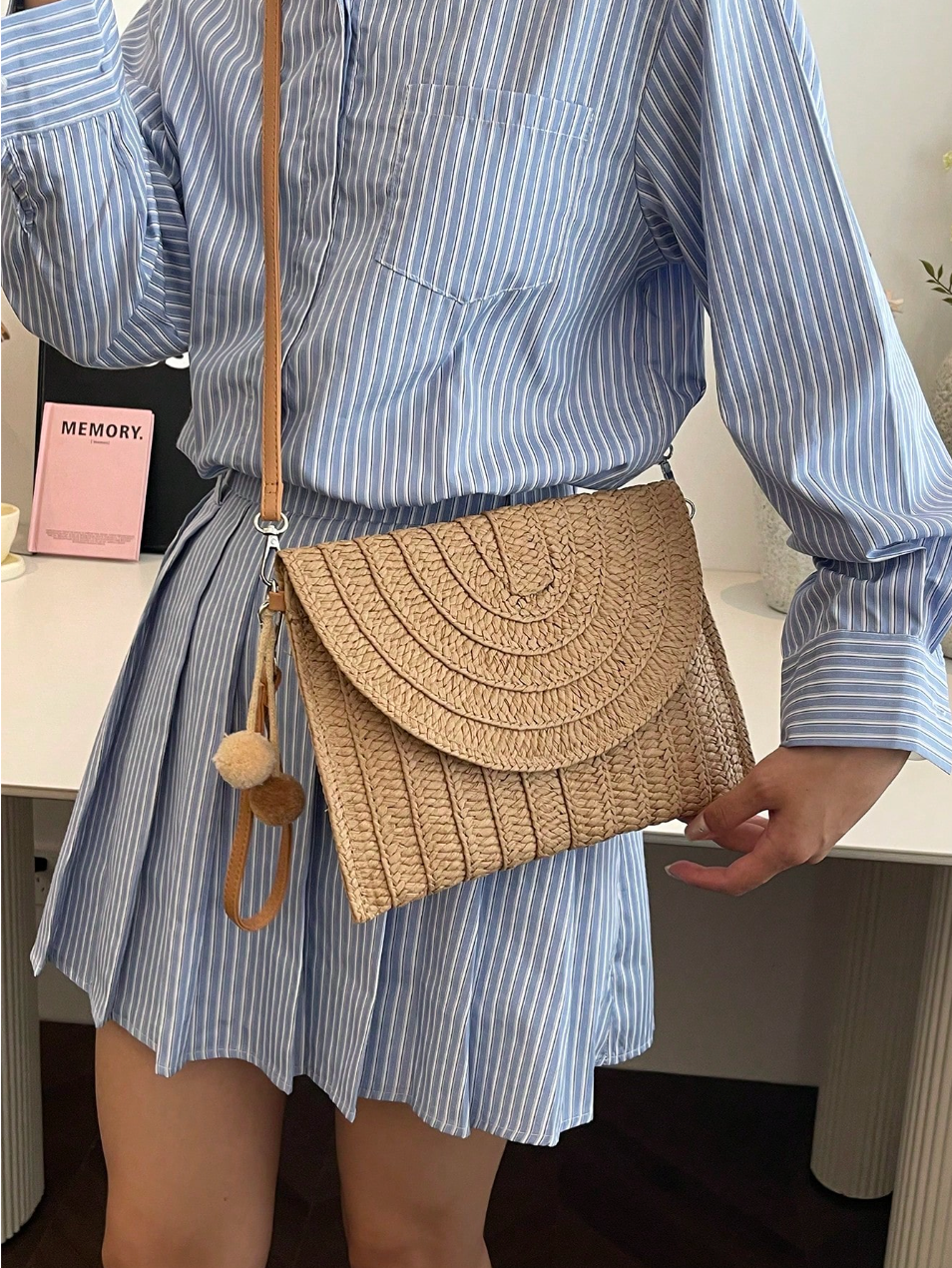 Woven straw bag with long strap crossbody