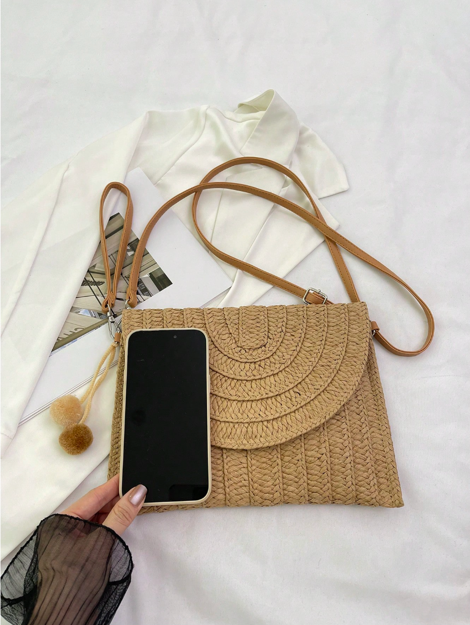 Woven straw bag with long strap crossbody