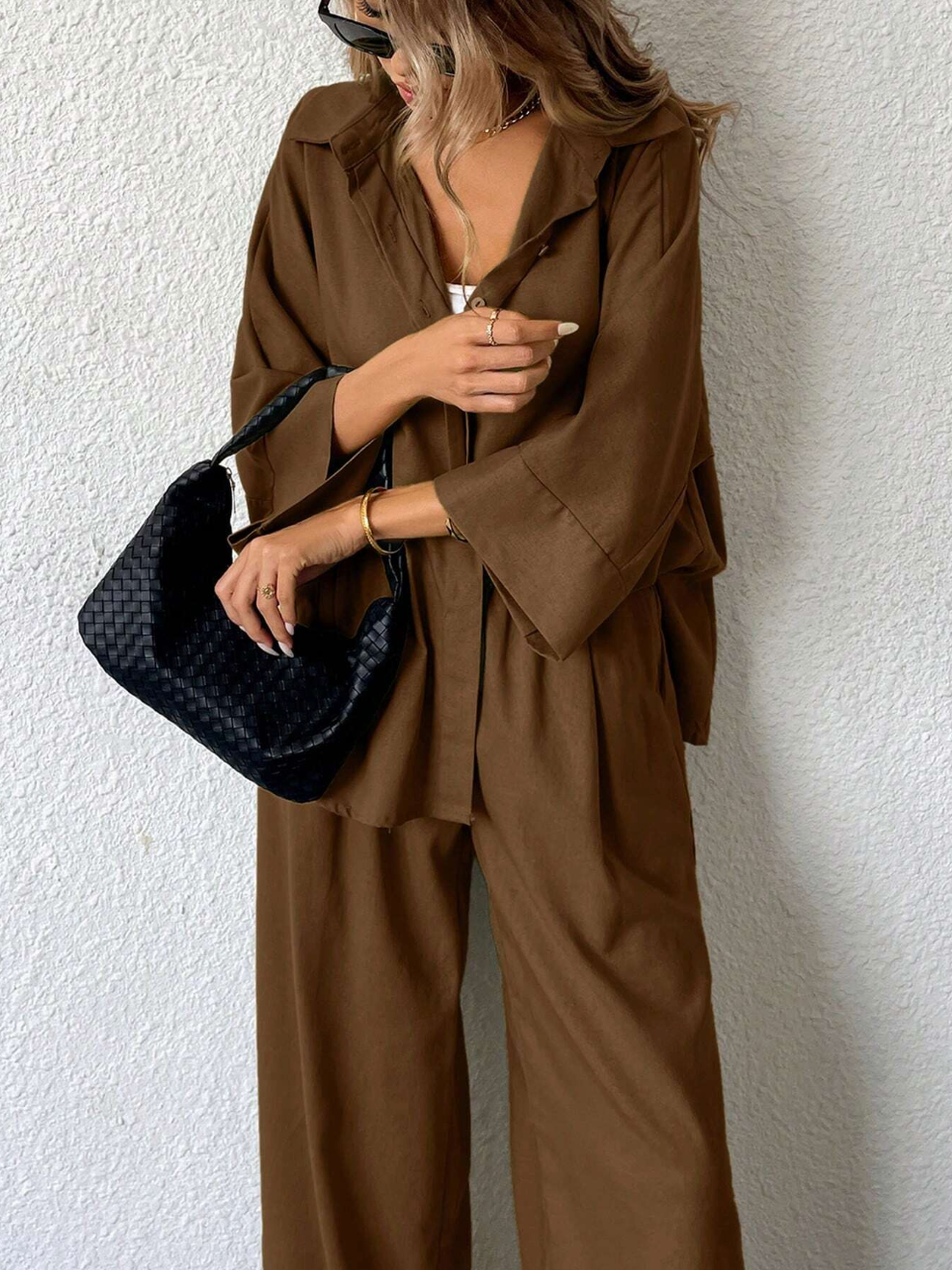 high waist pants and loose shirt two piece outfit women