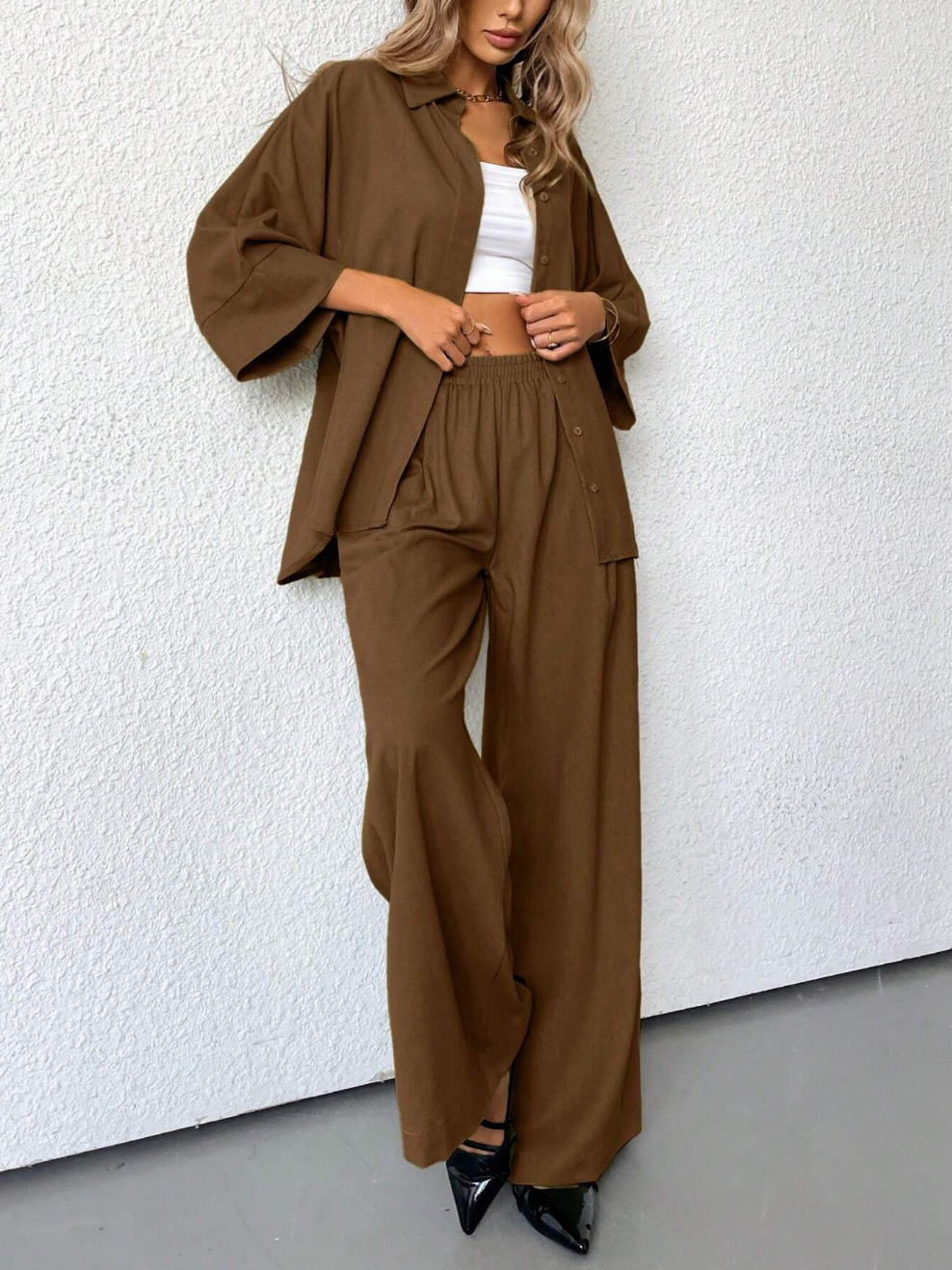 high waist pants and loose shirt two piece outfit women