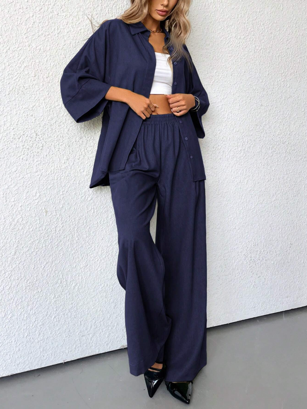 high waist pants and loose shirt two piece outfit women
