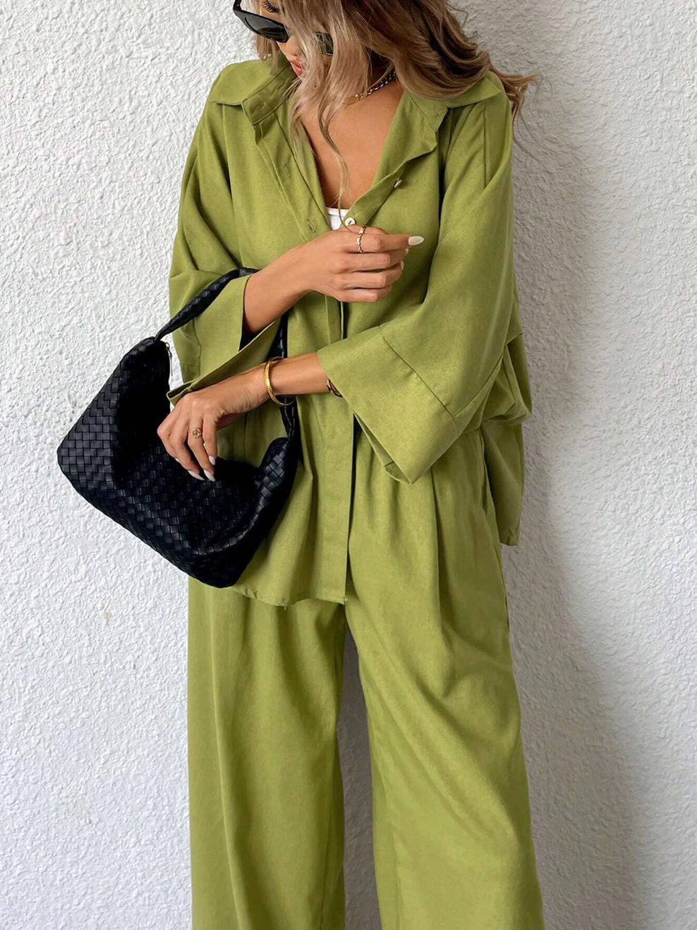 high waist pants and loose shirt two piece outfit women
