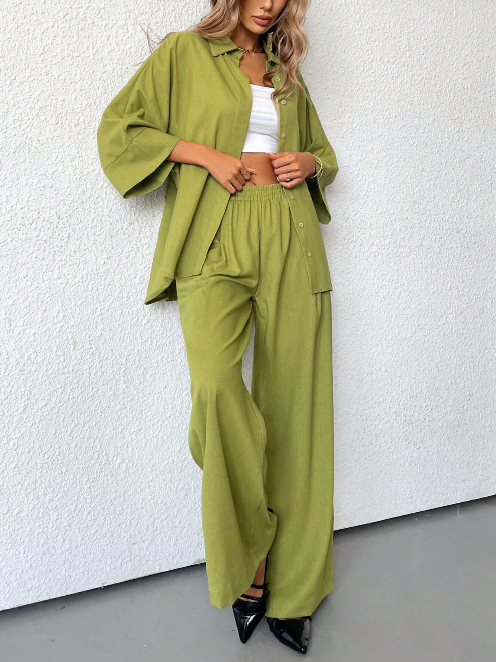 high waist pants and loose shirt two piece outfit women