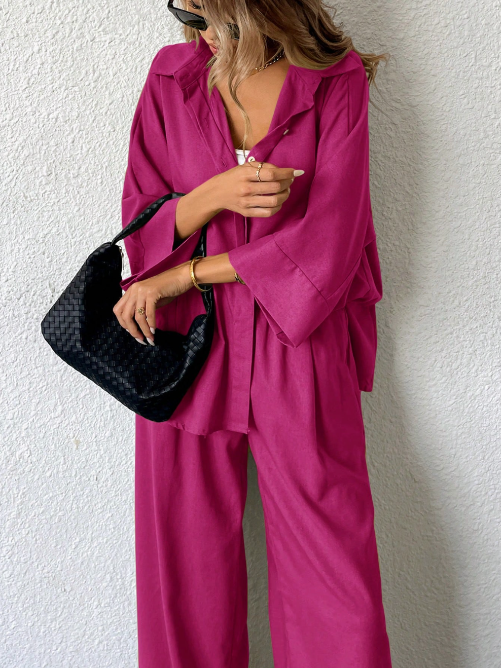 high waist pants and loose shirt two piece outfit women