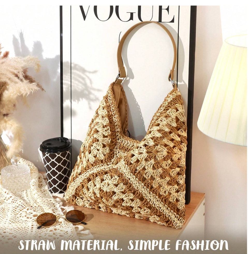 boho woven straw beach tote bag
