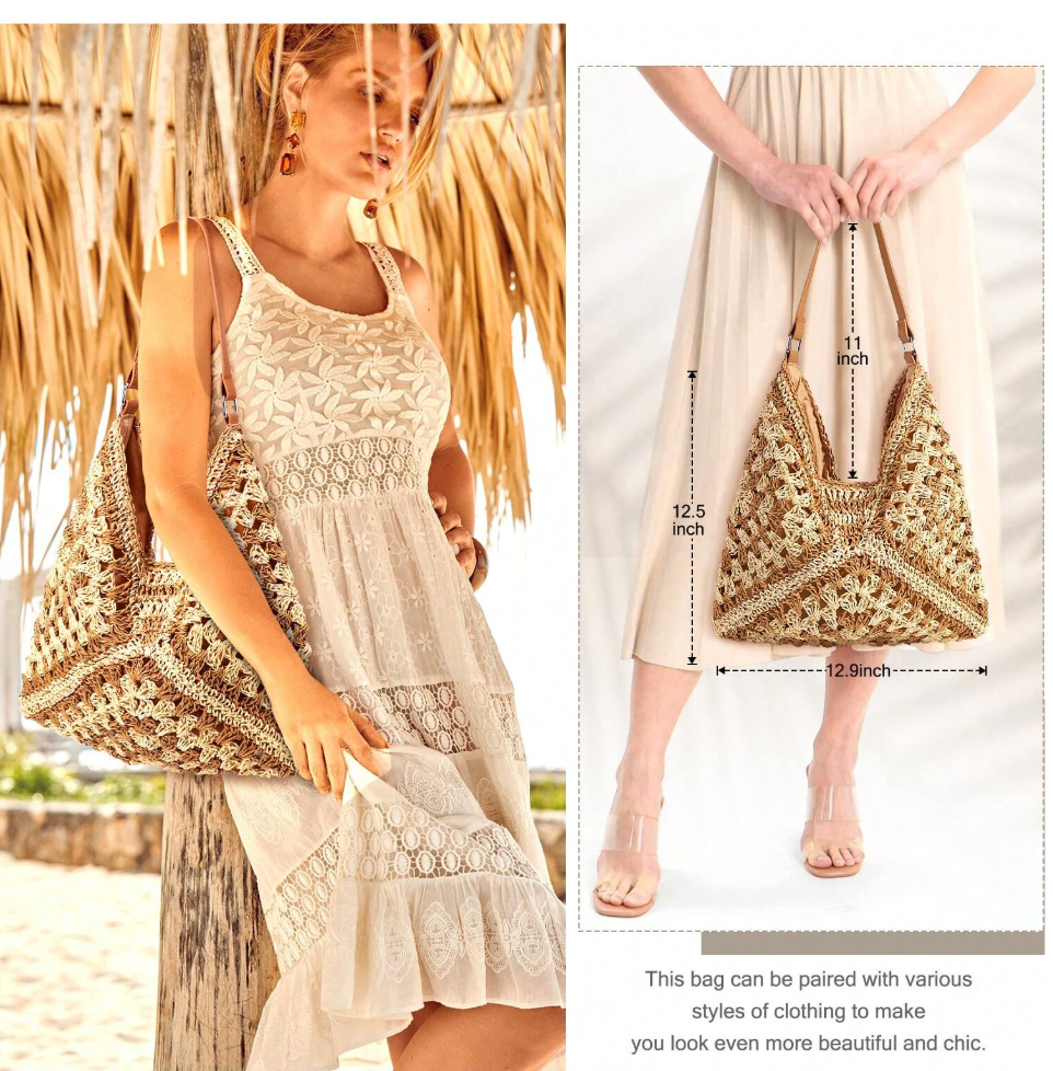 boho woven straw beach tote bag