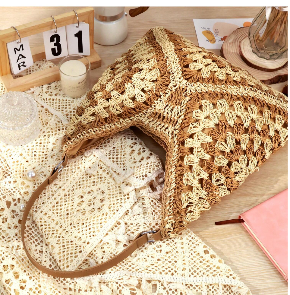 boho woven straw beach tote bag