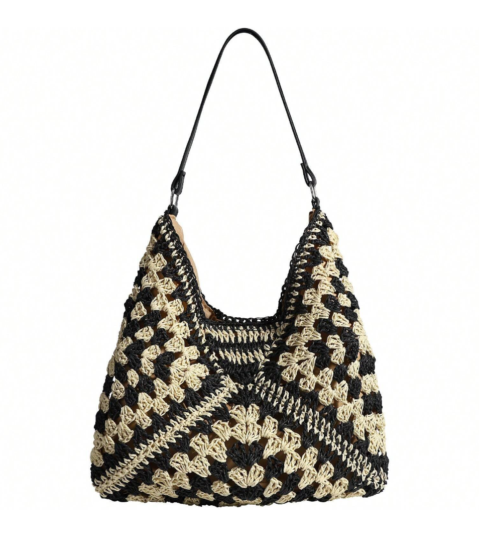 boho woven straw beach tote bag