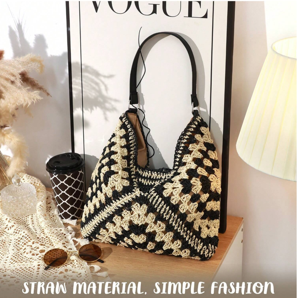 boho woven straw beach tote bag