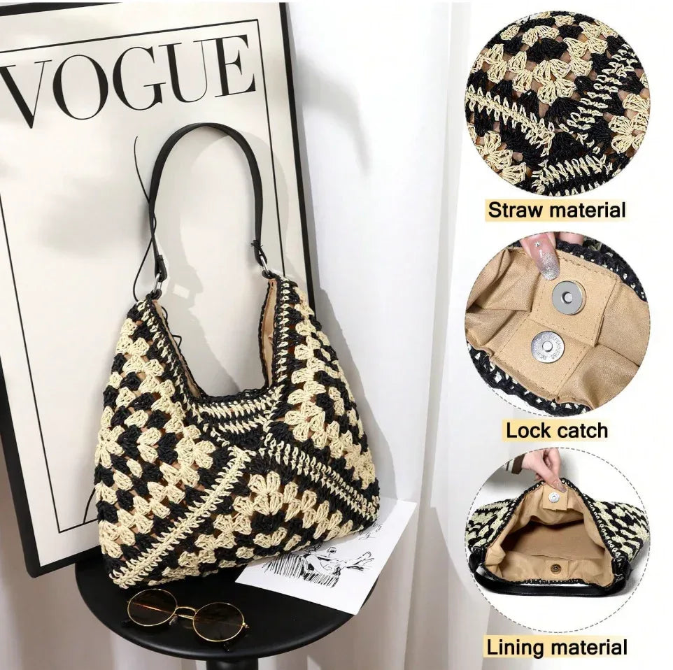 boho woven straw beach tote bag