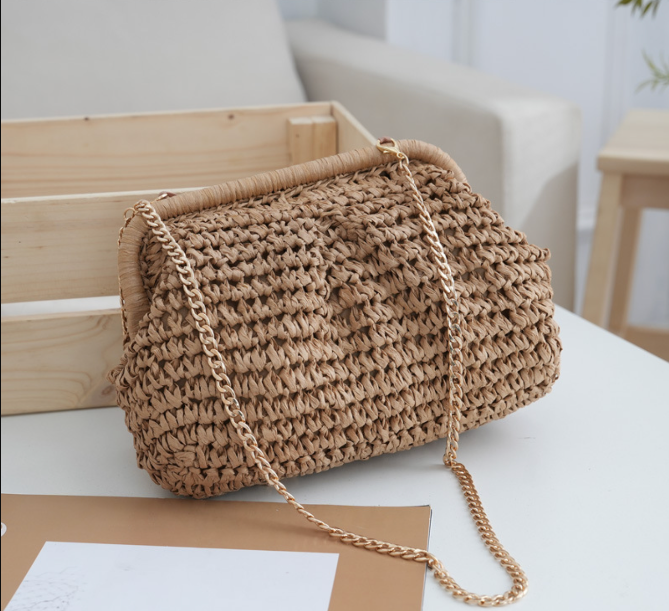Woven Straw Chain Shoulder Bag