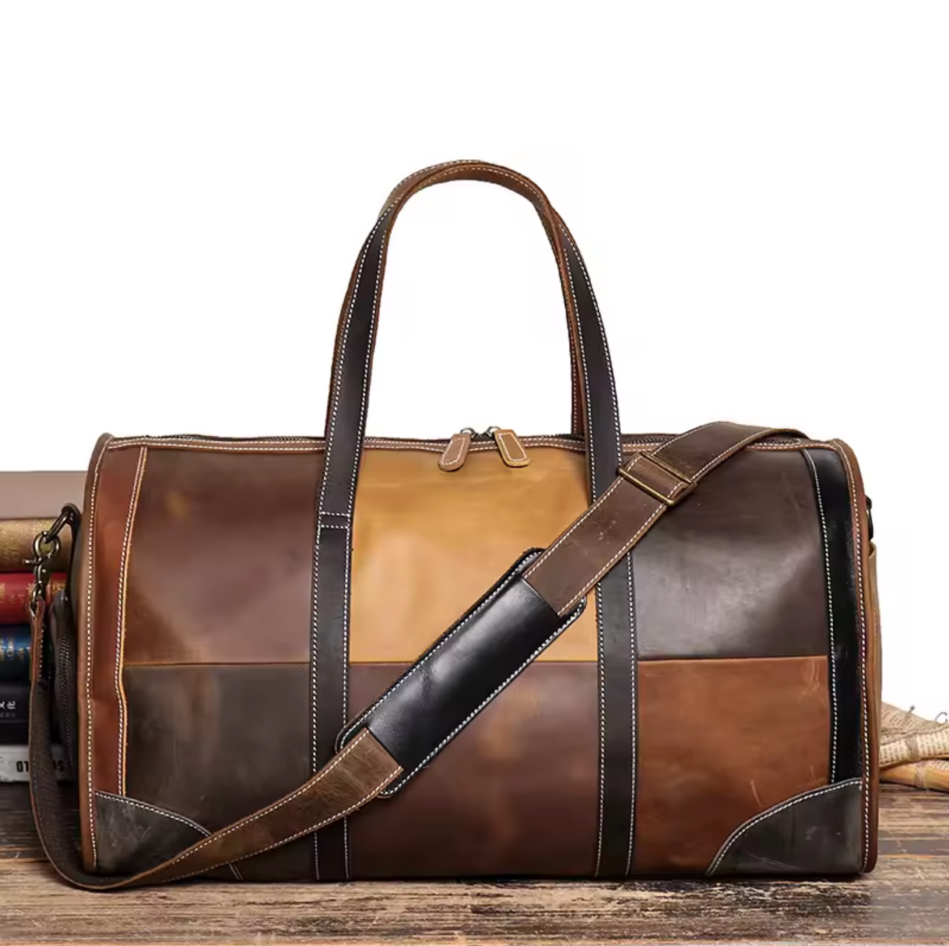 Men Women Leather Travel Duffle Bag Patchwork