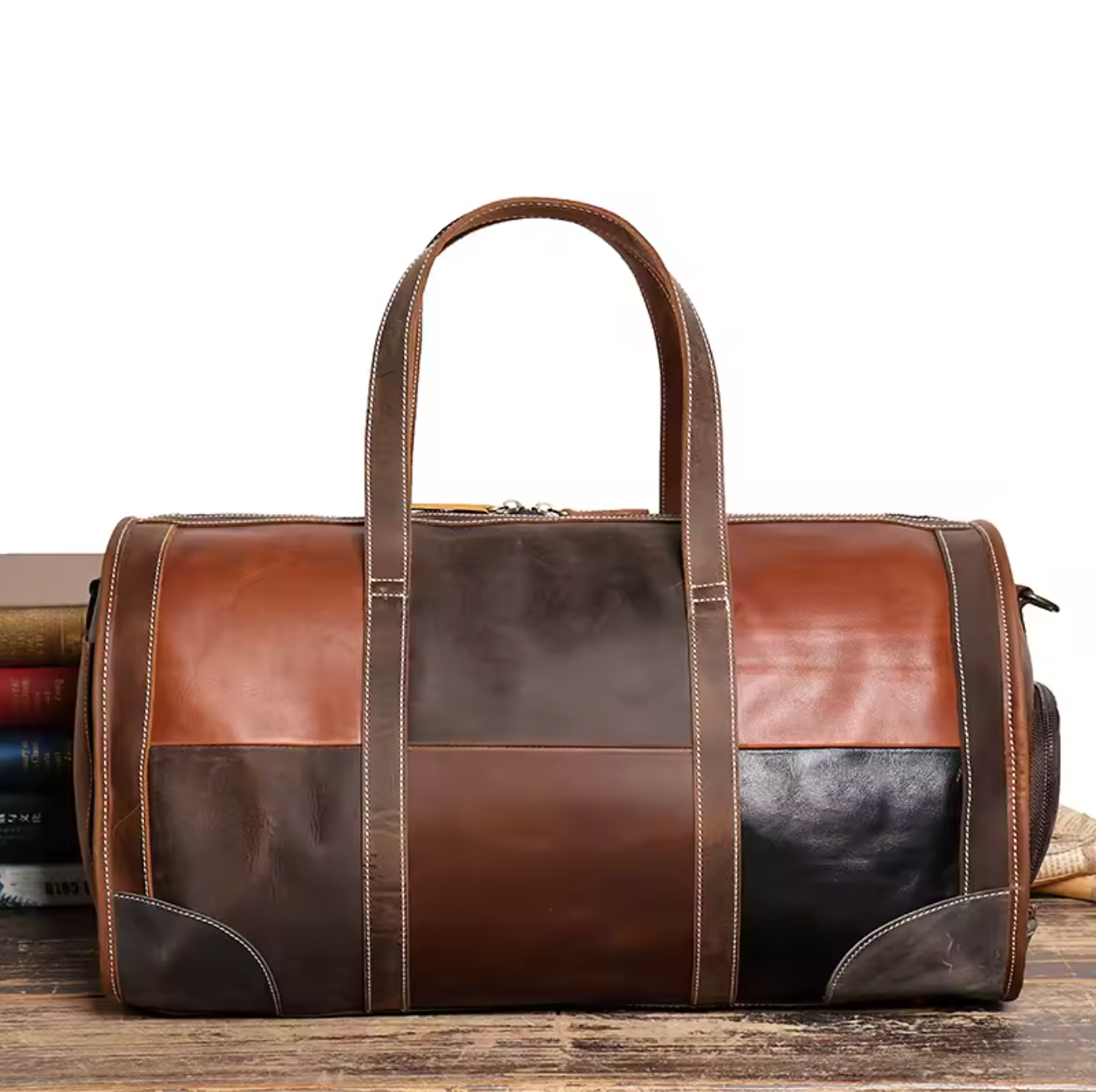 Men Women Leather Travel Duffle Bag Patchwork