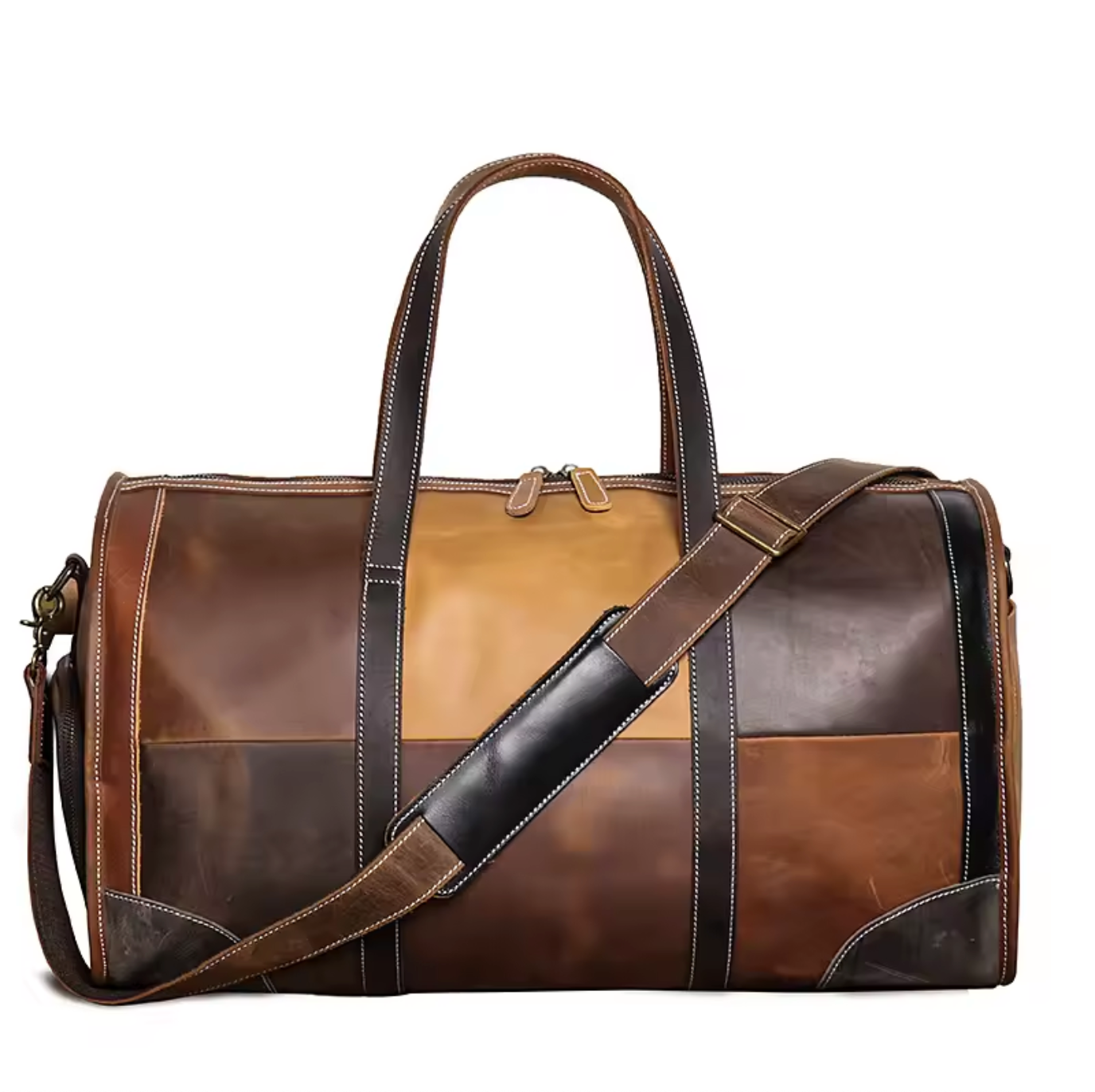 Men Women Leather Travel Duffle Bag Patchwork