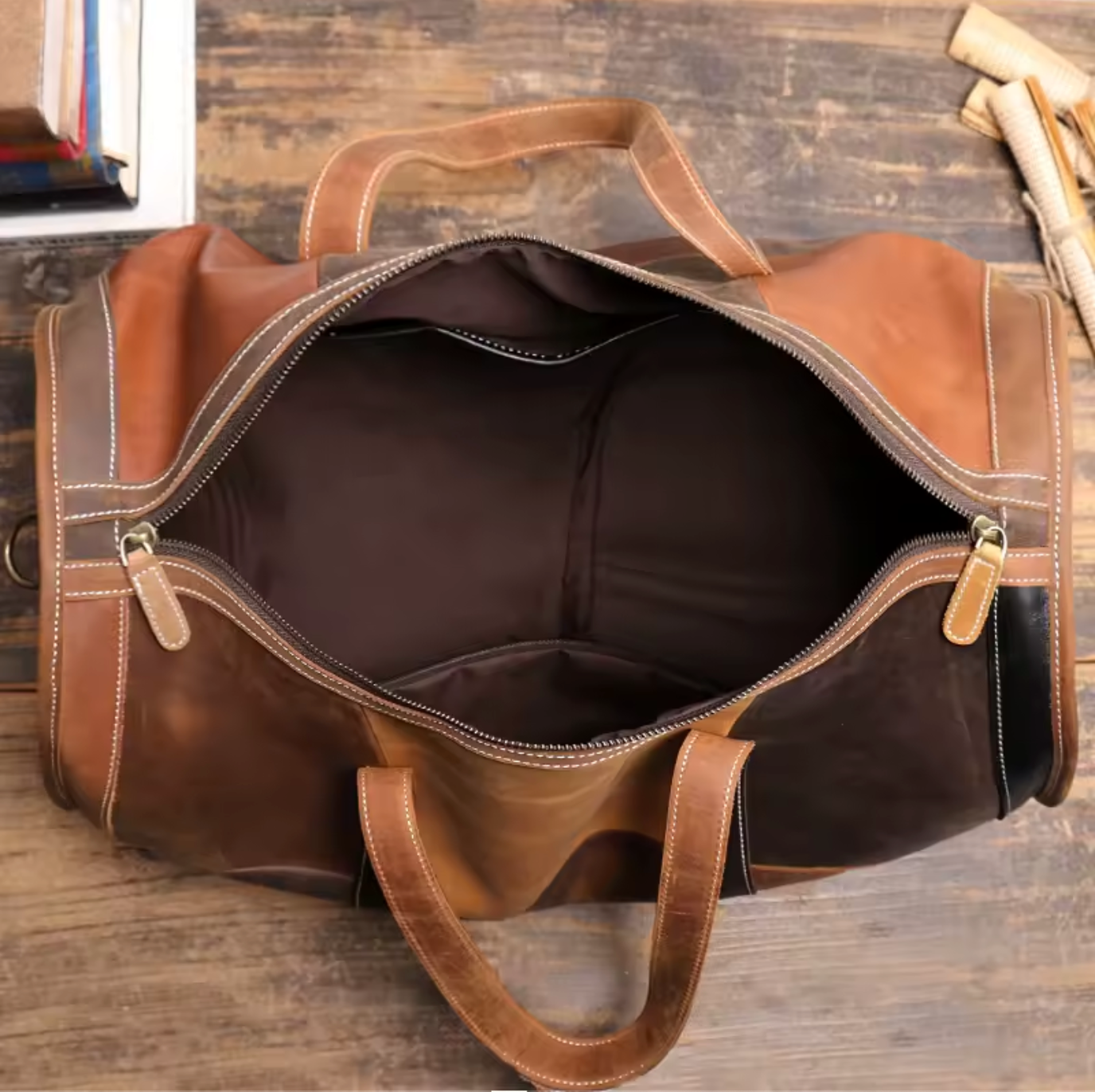Men Women Leather Travel Duffle Bag Patchwork