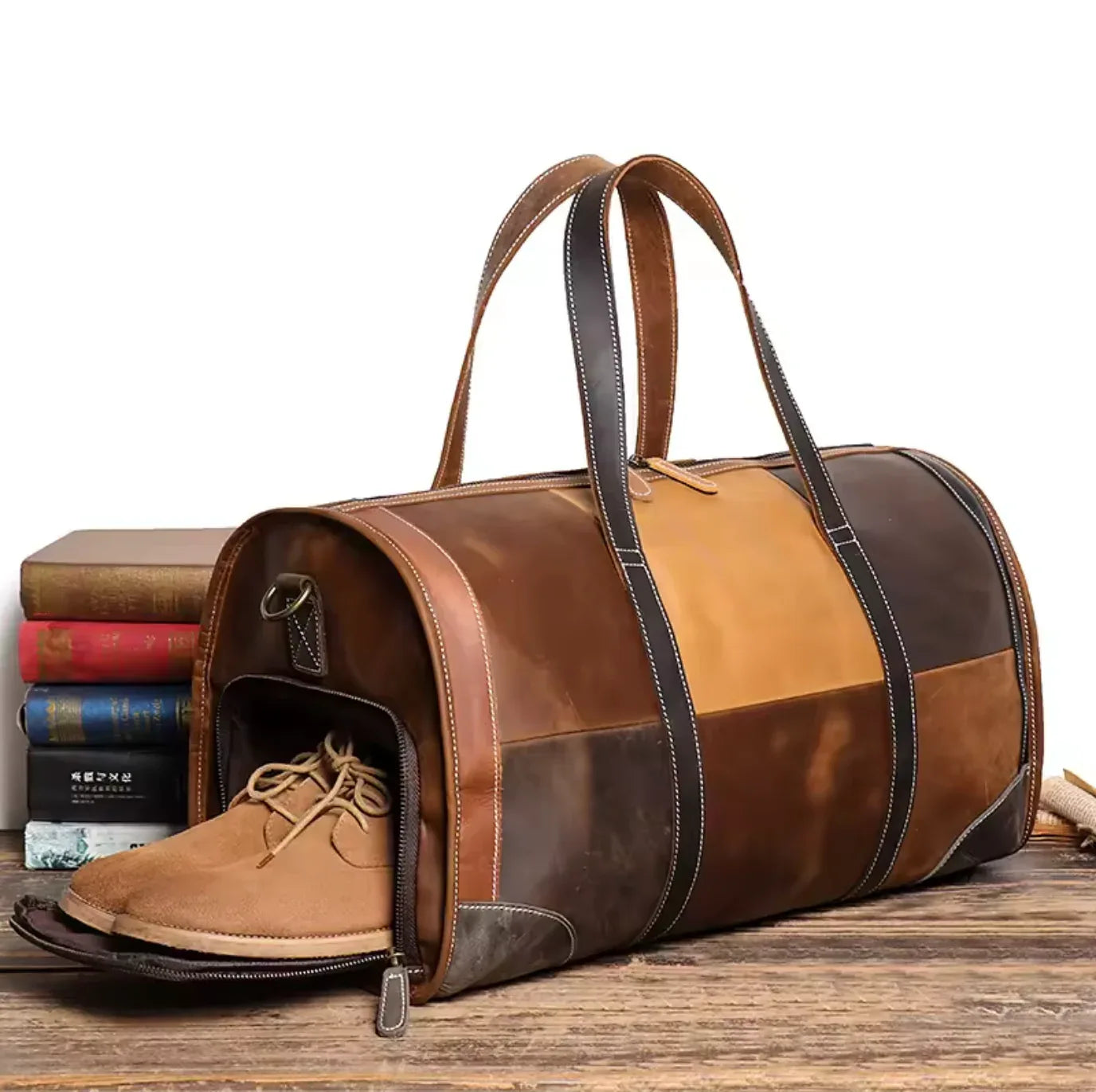 Men Women Leather Travel Duffle Bag Patchwork