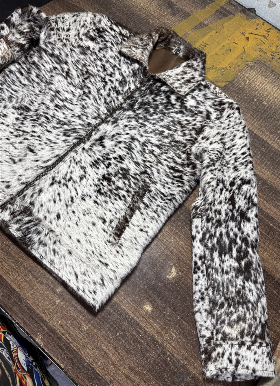 hair on cowhide jacket speckled black white