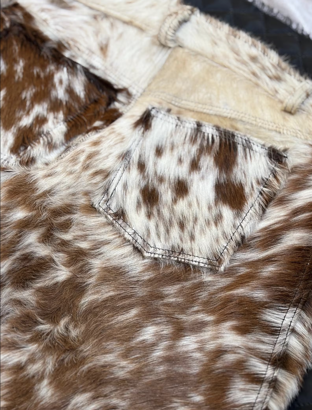 cowhide leather shorts brown white