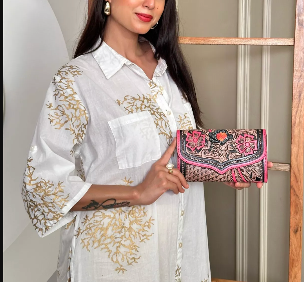 Pink Hand Tooled Leather Clutch Purse