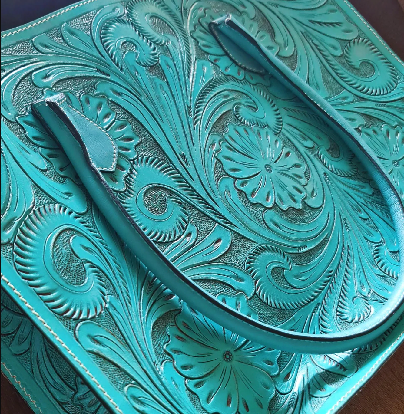 Turquoise hand tooled leather purse