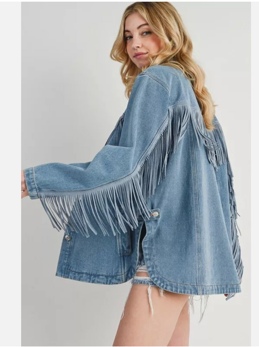 Oversized Women’s Denim Jacket with Fringe