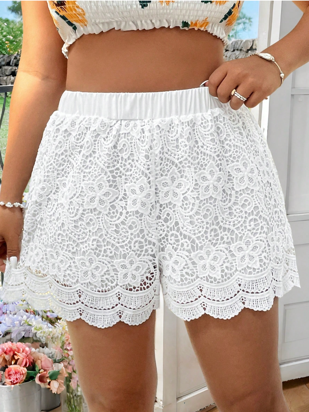 Plus Size Lace Trim Hollow Out Boho Mini Shorts