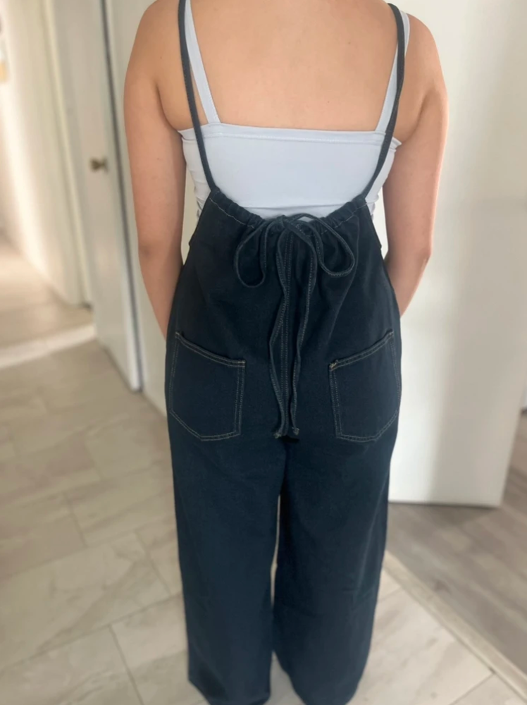 Loose Fit Wide Leg Pocket Denim Overall Jumpsuit