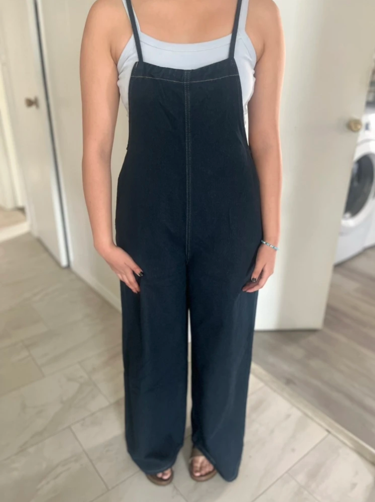 Loose Fit Wide Leg Pocket Denim Overall Jumpsuit