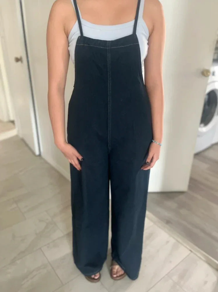 Loose Fit Wide Leg Pocket Denim Overall Jumpsuit