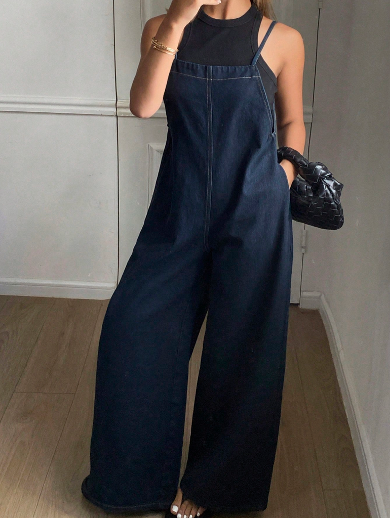 Loose Fit Wide Leg Pocket Denim Overall Jumpsuit