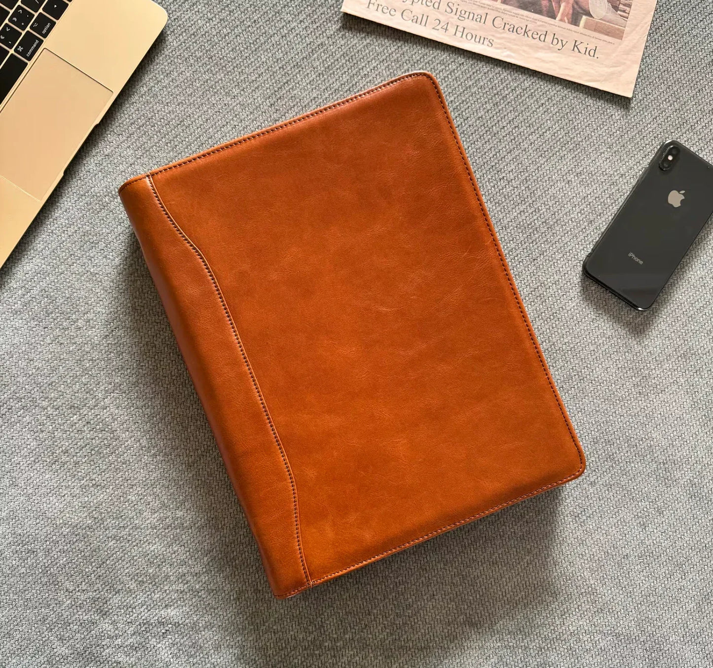 Leather Portfolio Case with Zipper Closure and A4 Writing Pad