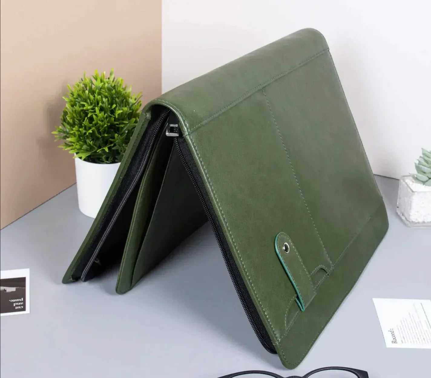 Dark Green Leather Portfolio Case with Zipper